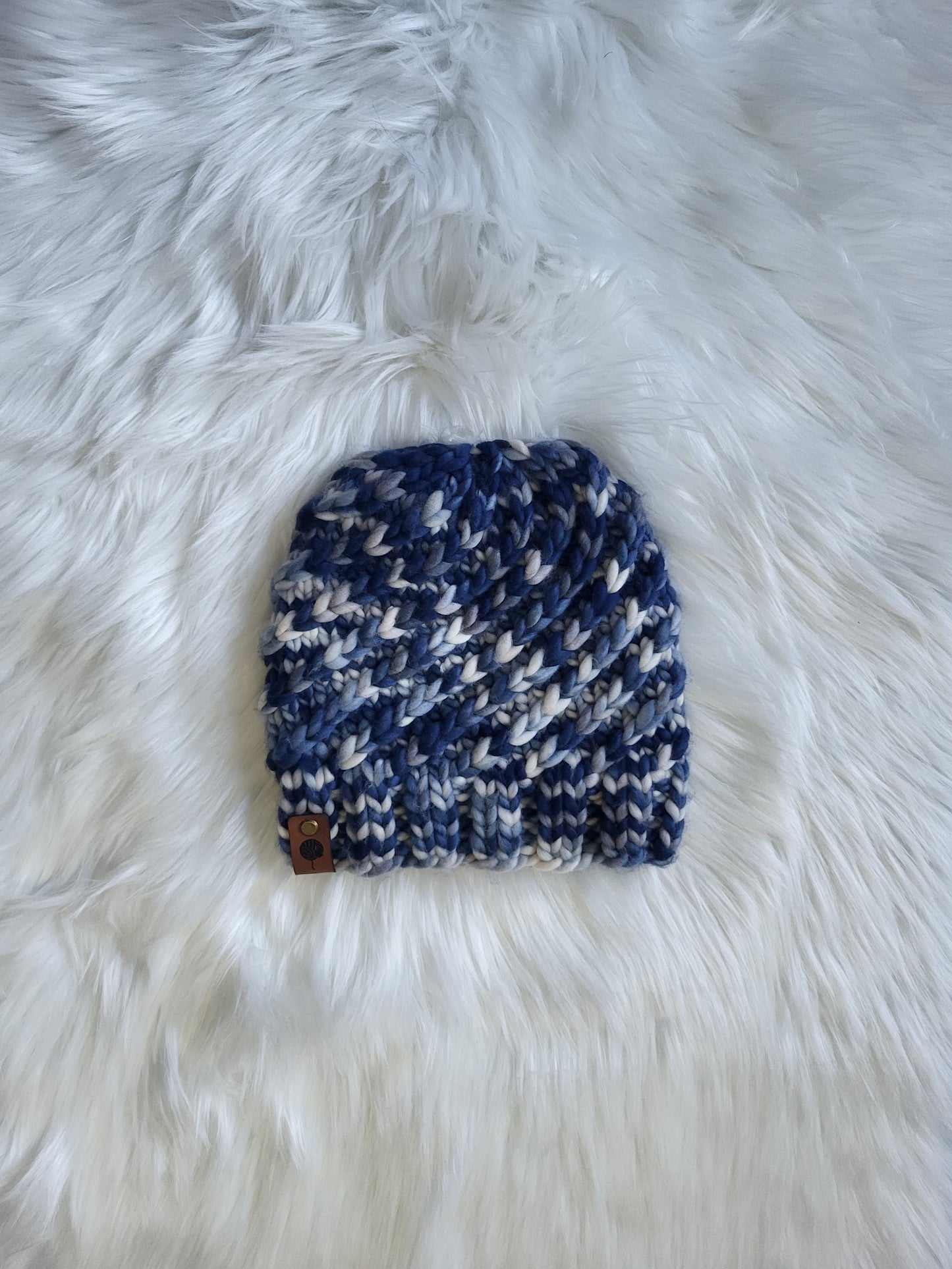 Handmade Knit Wool Beanie | Swirlpool Beanie | Merino Wool | Denim Dreams
