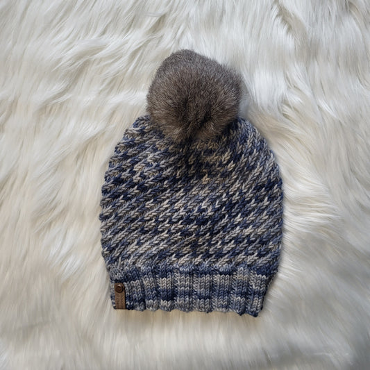 Handmade Knit Wool Beanie | Swirlpool | Denim Dreams | Repurposed Rabbit PomPom