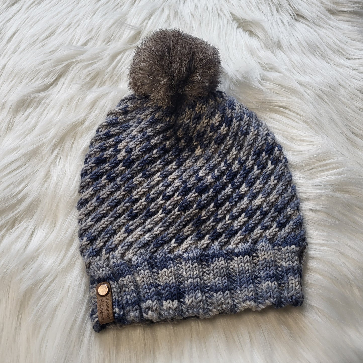 Handmade Knit Wool Beanie | Swirlpool | Denim Dreams | Repurposed Rabbit PomPom