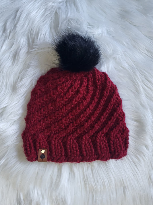 Handmade Knit Wool Swirlpool Beanie | Red