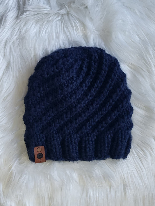 Handmade Knit Wool Beanie | Swirlpool Beanie | Navy Blue