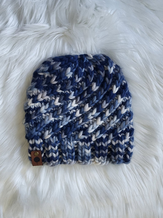 Handmade Knit Wool Beanie | Swirlpool Beanie | Merino Wool | Denim Dreams