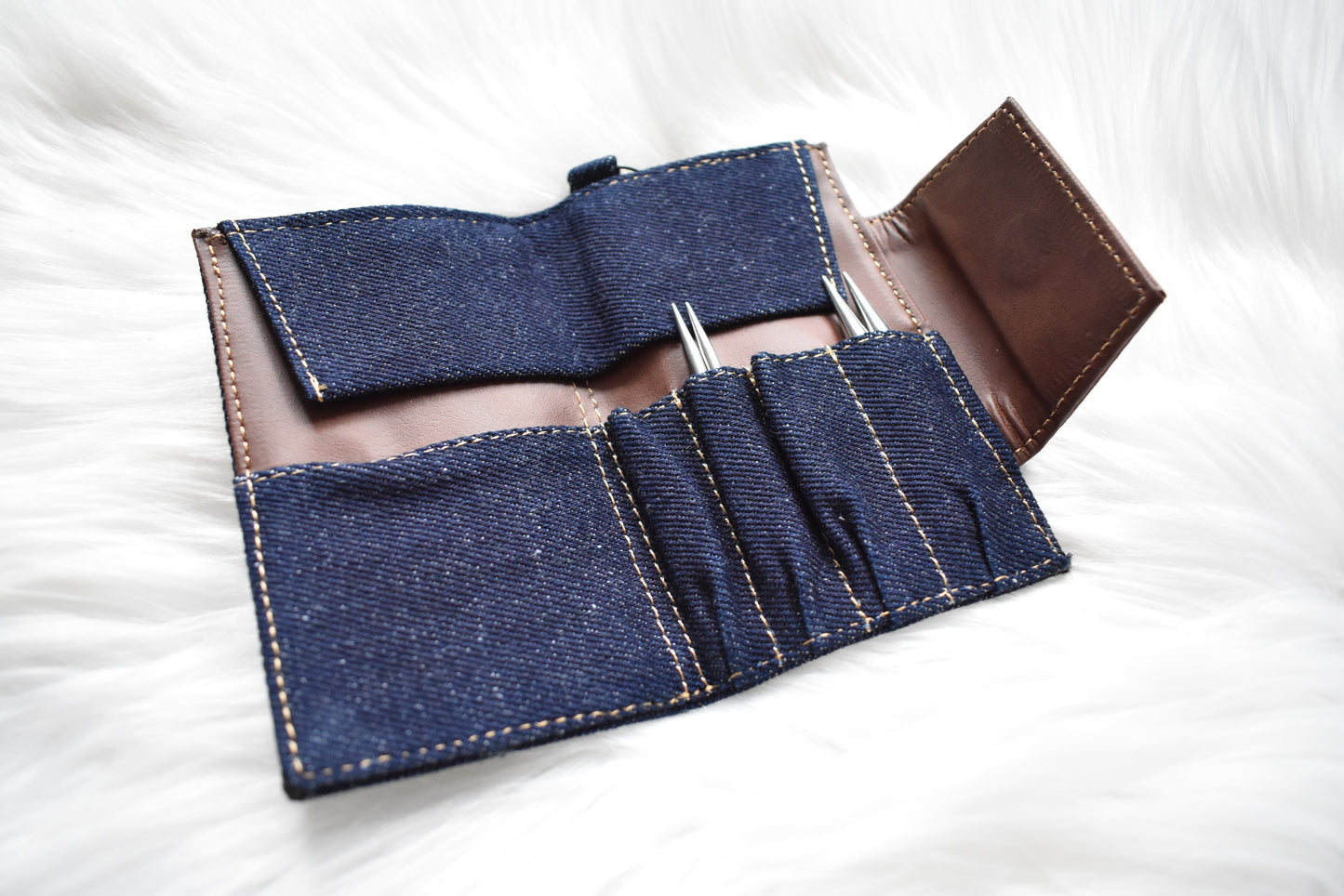 Lykke Knitting Needles Case | Magnetic Flap | Small Vegan Leather and Denim Case