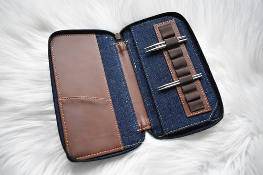 Lykke Knitting Needles Case | Oxford Zipper | Small Vegan Leather and Denim Case